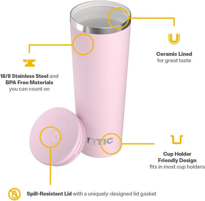 RTIC 20oz Everyday Tumbler Insulated Stainless Steel Portable Travel Coffee Cup with Straw, Ceramic Lining, Spill-Resistant Lid, BPA-Free, Hot and Cold Drink, Beach