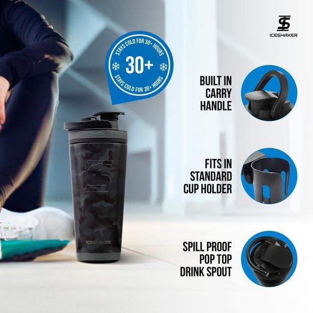 Ice Shaker Insulated Stainless Steel Shaker Bottle | 26oz, Black | Cold for 30+ Hours | Insulated Cup with Twist-on Agitator | Odor-Free Bottle for Protein Shakes, Water, Smoothies, Cocktails