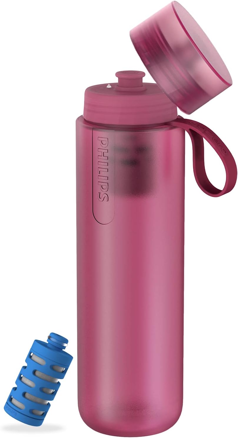 Philips Water GoZero Active BPA-Free Water Bottle with Fitness Tap Water Filter, Sport Squeeze Water Bottle, Lightweight, 24 oz with Fitness Filter, Plum
