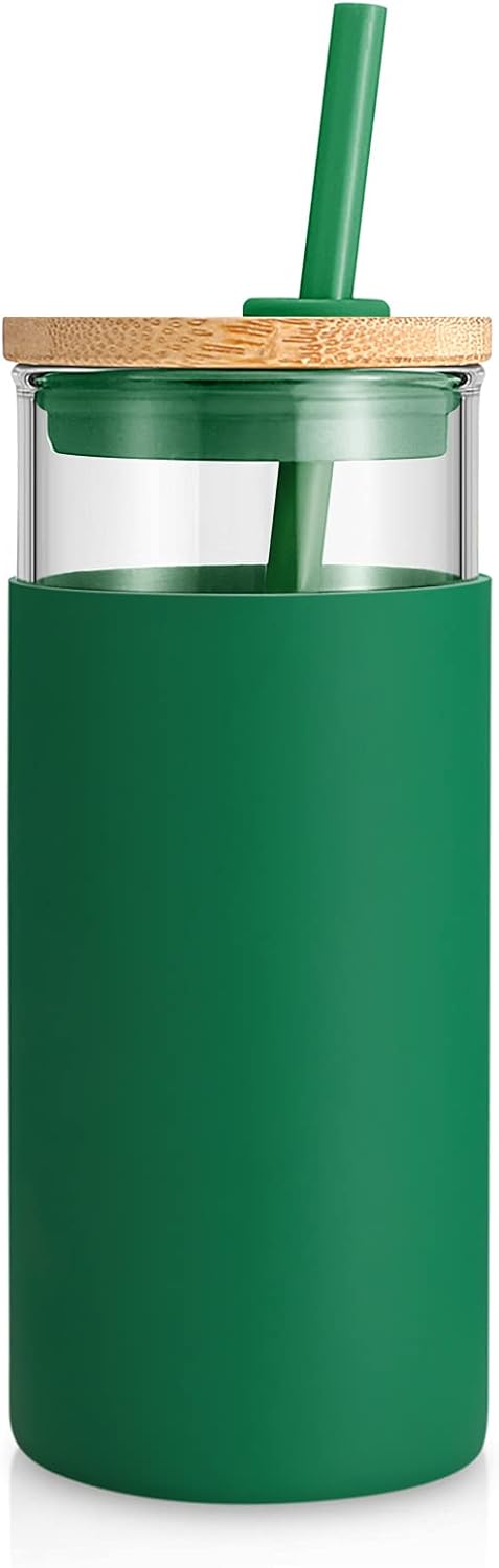 Tronco 20 oz Glass Tumbler with Lid and Straw, Iced Coffee Cup and Smoothie Cup with Bamboo Lids & Protective Silicone Sleeve, Dishwasher Safe, BPA-Free, Glass Cup 1 Pack - Colors A