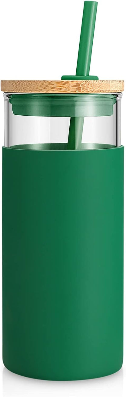 Tronco 20 oz Glass Tumbler with Lid and Straw, Iced Coffee Cup and Smoothie Cup with Bamboo Lids & Protective Silicone Sleeve, Dishwasher Safe, BPA-Free, Glass Cup 1 Pack - Colors A