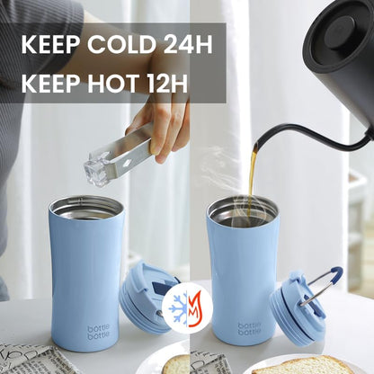 BOTTLE BOTTLE Coffee Tumbler with Dual-use Lid and Straw Double Walled Iced Travel Coffee Mug for Woman and Man 12 oz Stainless Steel Insulated Tumbler with Handle (blue)