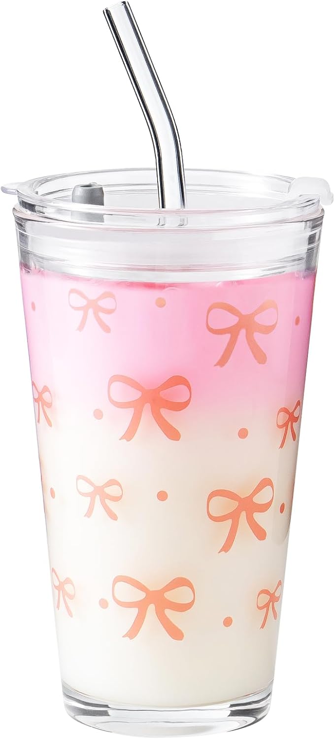 Olvini 15oz Glass Tumbler with Straw and Lid, Cute Iced Coffee Cups, Aesthetic Glass Cups, Coffee Tumbler, Water Cup, Matcha Cup, Drinking Glasses (Clear)