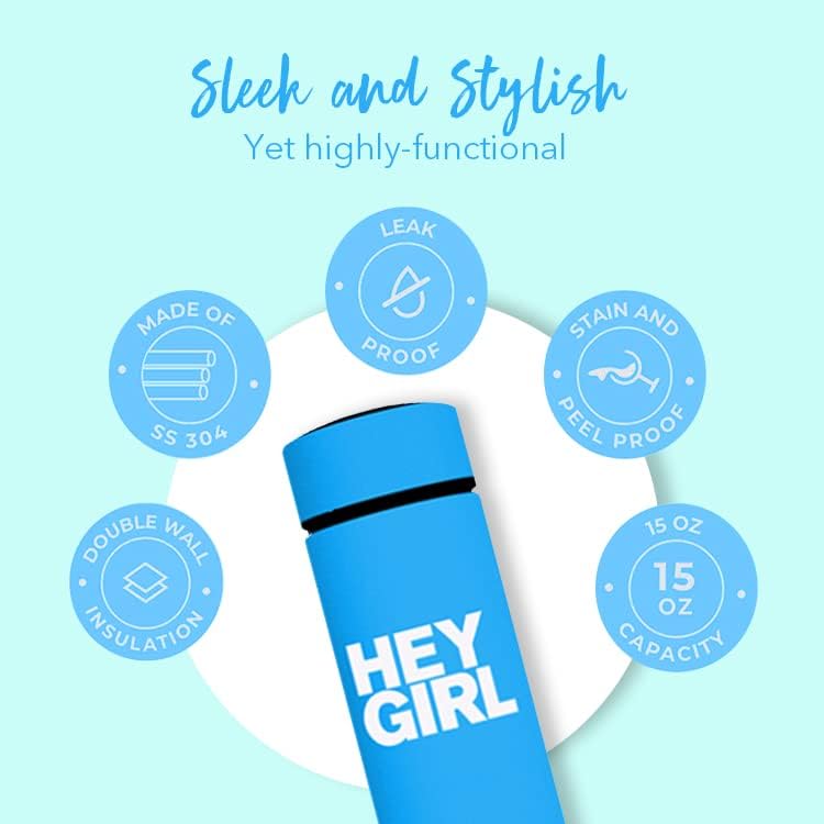 Hey Girl Tea Infuser Bottle 450ml - Insulated Stainless Steel Water Bottle - Tea Tumbler with Tea Diffuser - Portable Travel Mug for Loose Leaf Tea & Infused Water - Tea Lovers Gifts for Women (Pink)