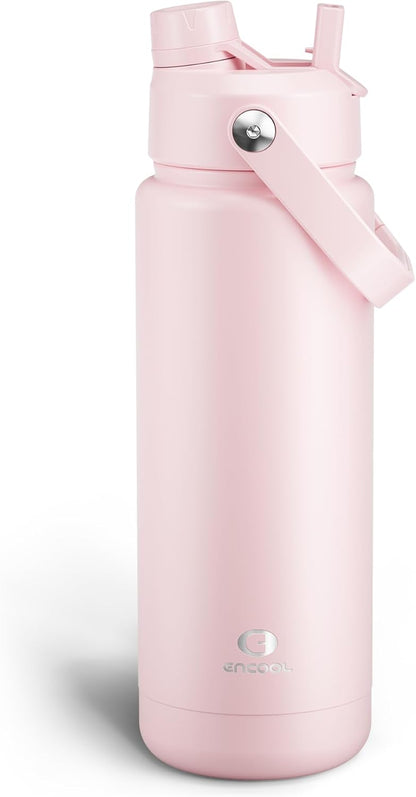 ENCOOL Insulated Water Bottle with Straw Stainless Steel Water Bottle, Leak-Proof, BPA-Free, Double Wall Vacuum Keeps Cold for 24 Hours for Sports, Travel, School (26 oz, Cotton Candy) - Colors D