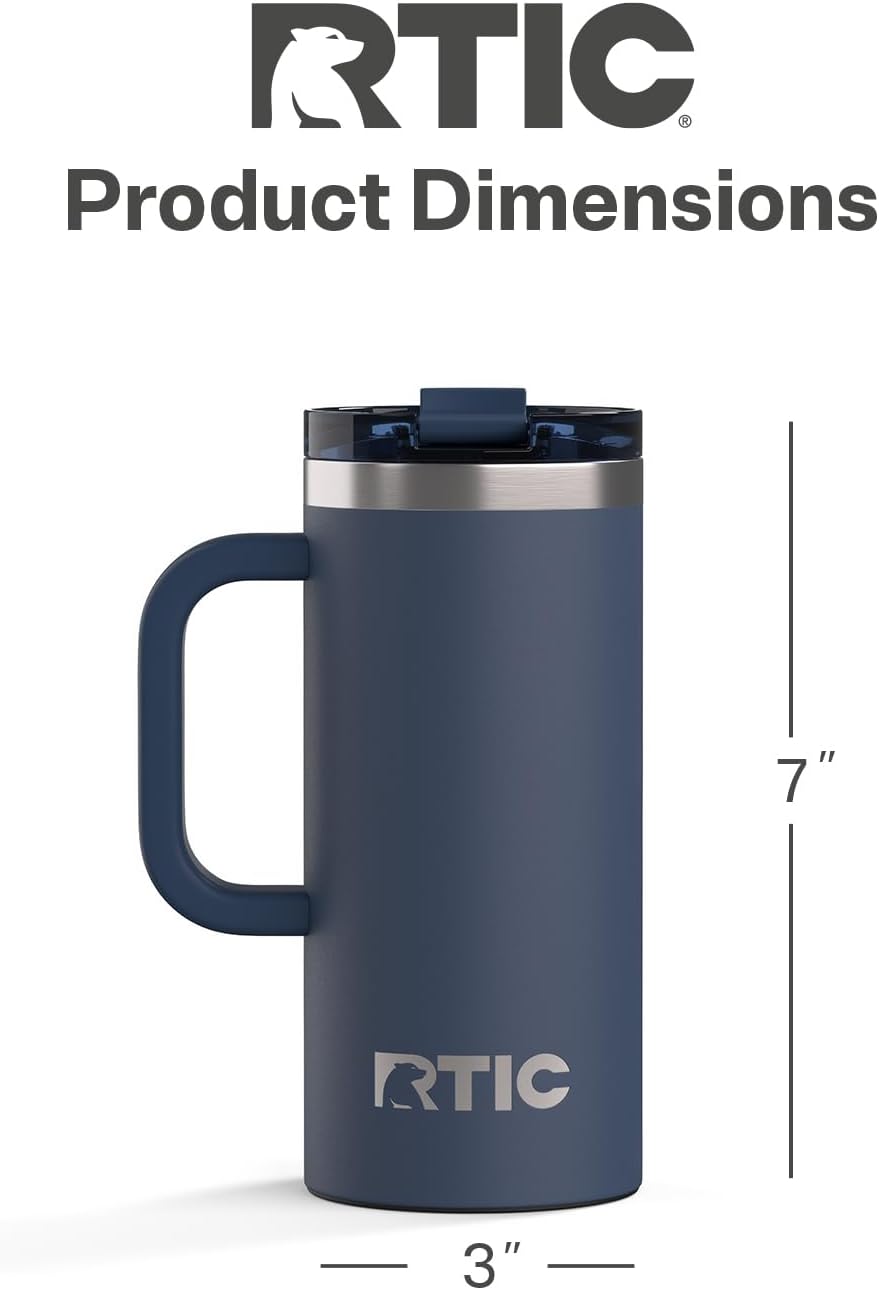 RTIC 20oz Road Trip Travel Mug with Lid and Handle, Ceramic Lined, Insulated, Stainless Steel, Metal, Double Wall Vacuum-Insulation, Portable Coffee, Tea Cup for Hot and Cold Drink, Black