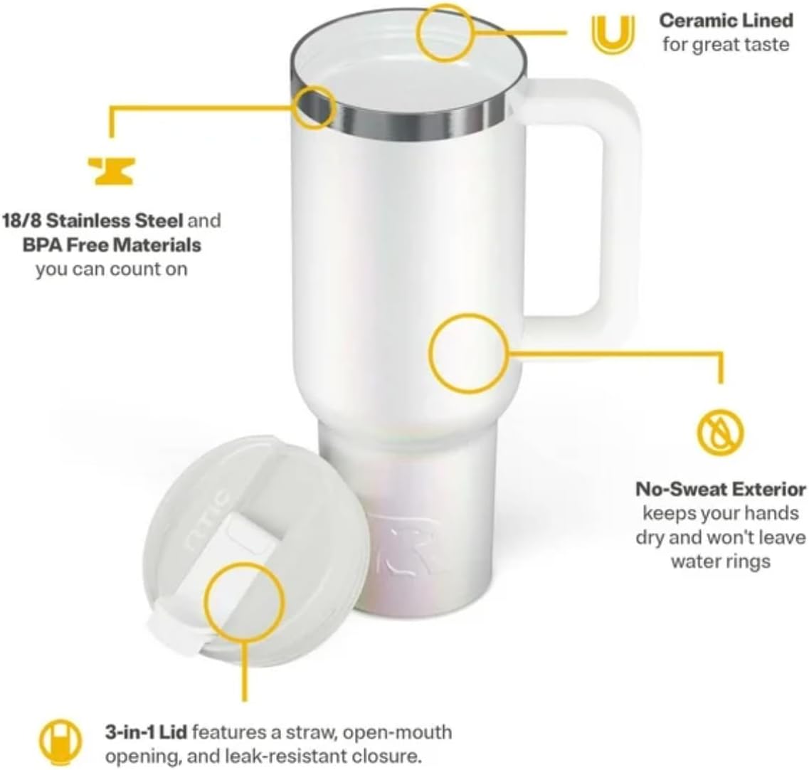 RTIC 40 oz Ceramic Lined Road Trip Tumbler, Leak-Resistant Lid with Straw, White Glitter