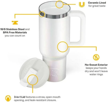 RTIC 40 oz Ceramic Lined Road Trip Tumbler, Leak-Resistant Lid with Straw, White Glitter