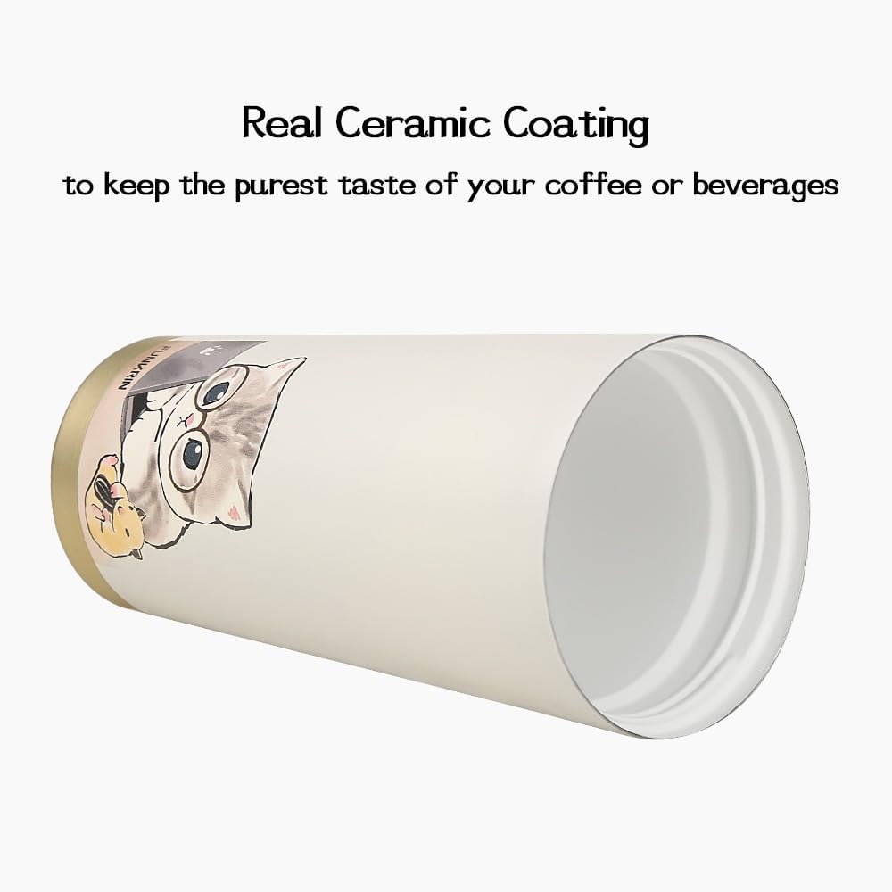Funkrin Coffee Travel Mug with Straw & Flip Lid, 16oz Insulated Tumbler Cup with Ceramic Coating, Double Wall Vacuum Leak-Proof Mug for Office School Party Camping