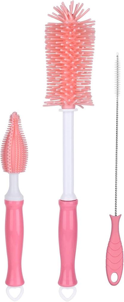 Silicone Bottle Cleaning Brush,Baby Travel Essential Bottle Brush Set, 3 in 1 Silicone Brush, Nipple Brush, Straw Brush