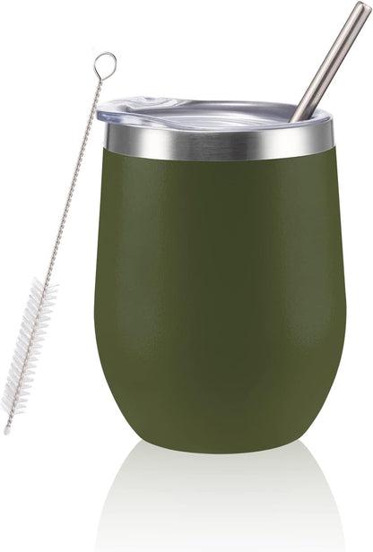 12 oz Insulated Wine Tumbler with Lid and Straw,Stainless Steel Stemless Wine Tumbler Glasses Double Wall Vacuum Wine Cups Tumbler for Coffee,Champaign,Cocktail,Office（Silver,1）