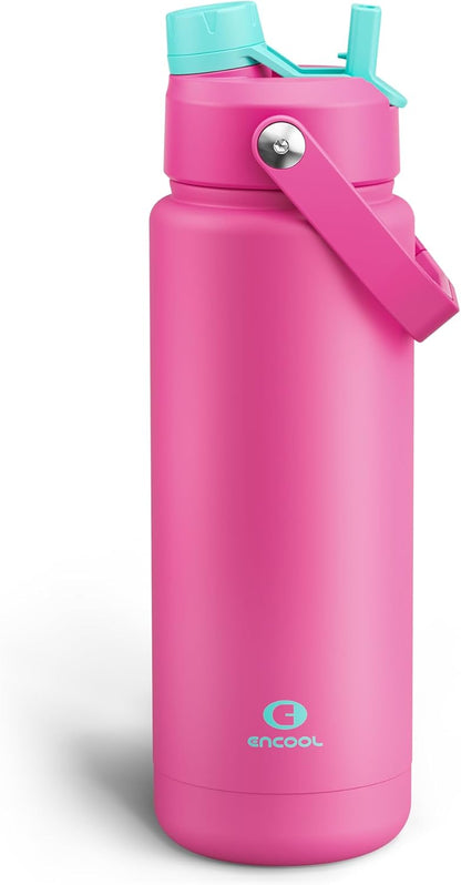 ENCOOL Insulated Water Bottle with Straw Stainless Steel Water Bottle, Leak-Proof, BPA-Free, Double Wall Vacuum Keeps Cold for 24 Hours for Sports, Travel, School (26 oz, Cotton Candy) - Colors C