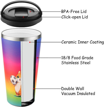 Funkrin Insulated Coffee Mug with Ceramic Coating, 16oz Iced Coffee Tumbler Cup with Flip Lid and Handle, Double Wall Vacuum Leak-Proof Travel Mug for Office School Party Camping