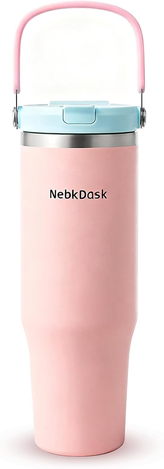 40 oz Insulated Stainless Steel Bottle with 2-in-1 Straw and Spout Lid, Water Bottle with Carry Handle Keep Cold 24H, Leak-Proof, Fits in Car Cup Holder, Travel, and School（off-White）