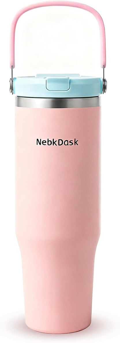40 oz Insulated Stainless Steel Bottle with 2-in-1 Straw and Spout Lid, Water Bottle with Carry Handle Keep Cold 24H, Leak-Proof, Fits in Car Cup Holder, Travel, and School（off-White）