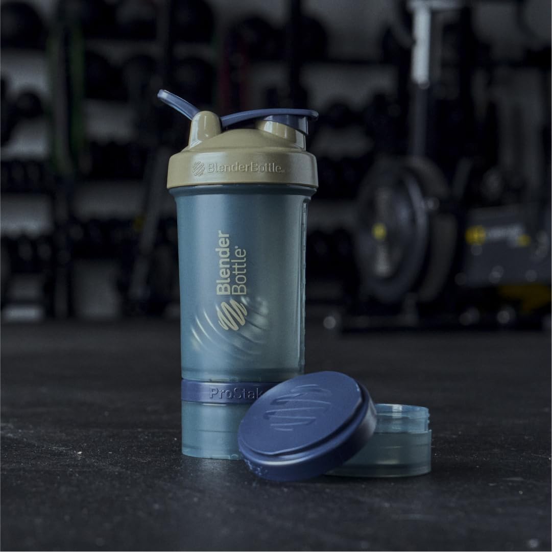 BlenderBottle Shaker Bottle with Pill Organizer and Storage for Protein Powder, Classic V2 ProStak System, 22-Ounce, Midnight Black