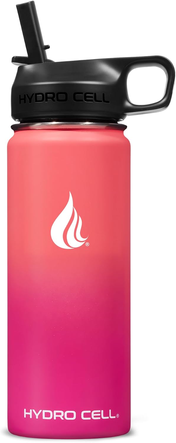 HYDRO CELL Stainless Steel Insulated Water Bottle with Straw - For Cold & Hot Drinks - Metal Vacuum Flask with Screw Cap and Modern Leakproof Sport Thermos for Adults (Neon 18oz)