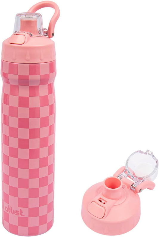 Magnetic Water Bottle with Straw 25 oz - Stainless Steel Insulated Tumbler for Gym & Bike (Fits Holders) - Leak Proof Pop-Up Lid, 2-in-1 Sip or Chug, Handle & Cute Pink Checkered Print
