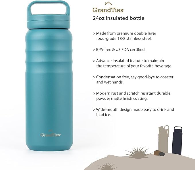 GRANDTIES 2 Lids Sports Stainless Steel Water Bottles – Wide Mouth Vacuum Insulated Reusable Leak Proof BPA-Free Travel Metal Canteen, Thermal Bottles for Men Women Gym (Ivory White 32 oz)