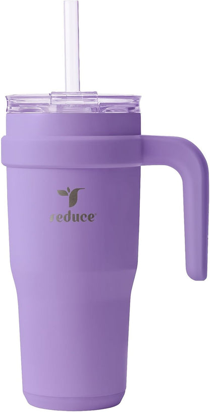 REDUCE 24 oz Stainless Steel Tumbler with Handle - Dual-Wall Vacuum Insulated Travel Mug, Sweat-Proof Lid & Reusable Straw - Keeps Drinks Cold for 24 Hrs, Fits Cupholders, Dishwasher Safe - Lilac Bud