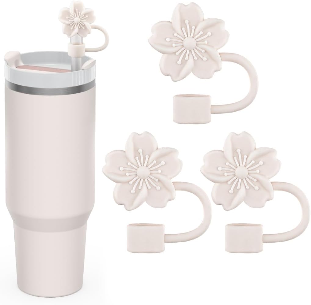 Straw Cover Cap for Stanley Cup, 3Pcs Cute Flower Straw Toppers Accessories Compatible with Stanley Cup 30&40 Oz Tumbler, Silicone Straw Tips Lids for Home and Party Decor, Beige