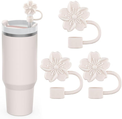 Straw Cover Cap for Stanley Cup, 3Pcs Cute Flower Straw Toppers Accessories Compatible with Stanley Cup 30&40 Oz Tumbler, Silicone Straw Tips Lids for Home and Party Decor, Beige
