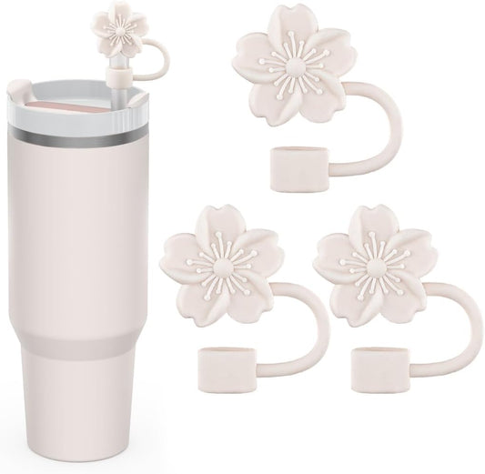 Straw Cover Cap for Stanley Cup, 3Pcs Cute Flower Straw Toppers Accessories Compatible with Stanley Cup 30&40 Oz Tumbler, Silicone Straw Tips Lids for Home and Party Decor, Beige
