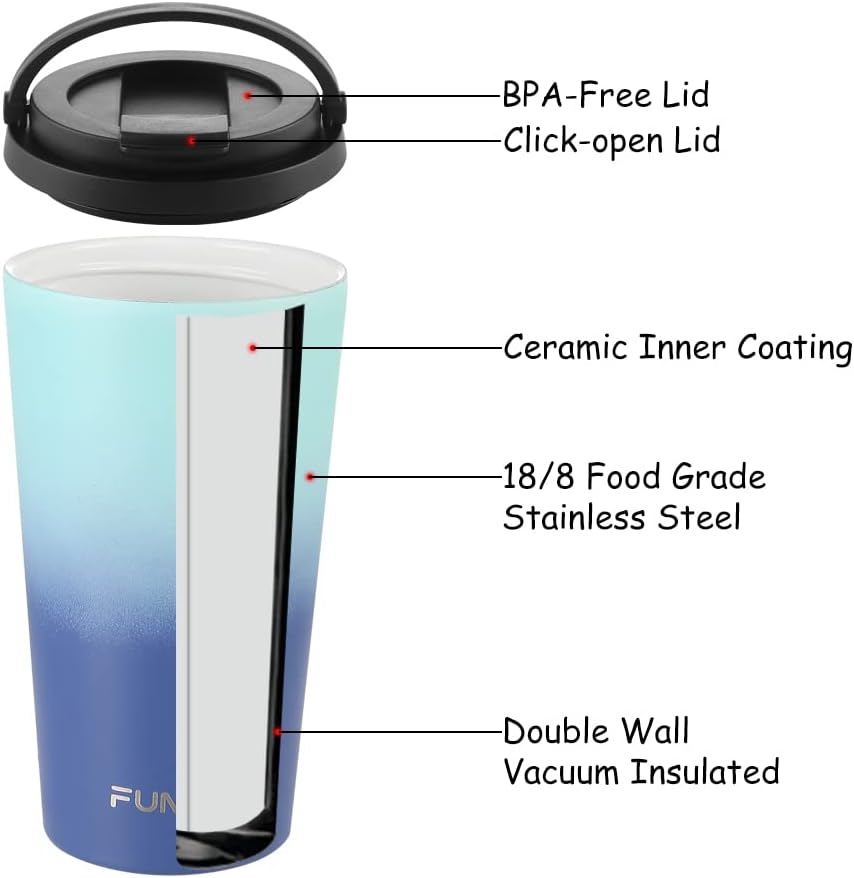 Funkrin Insulated Coffee Mug with Ceramic Coating, 16oz Iced Coffee Tumbler Cup with Flip Lid and Handle, Double Wall Vacuum Leak-Proof Travel Mug for Office School Party Camping