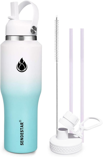 SENDESTAR 40oz Water Bottle Wide Mouth Stainless Steel Vacuum Insulated Double Wall with Straw Lids Fit in Any Car Cup Holder