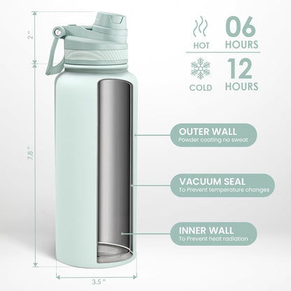SANDJEST Pickleball Stainless Steel Water Bottle with Strap 32oz, Insulated Bottles with Straw and Spout Lid for Gym Sports Travel Outdoor, Gifts for Women Girls Birthday Christmas