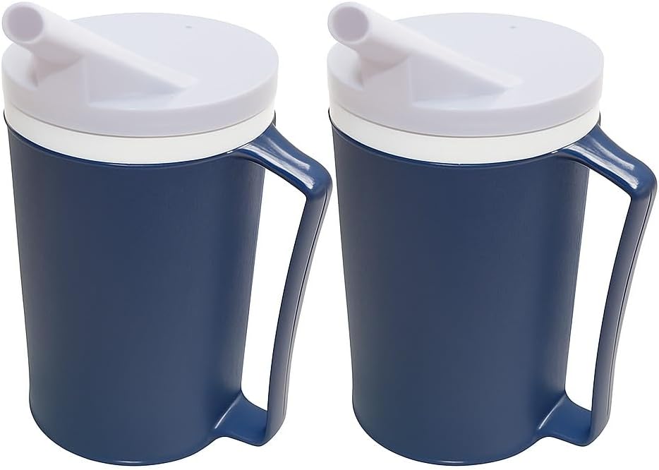 Rehabilitation Advantage Insulated Blue Mug 2-Pack – 12 oz Adaptive Mugs with Easy-Grip Handles, Spill-Resistant Snorkel Lids, Durable Lightweight Plastic for Hot/Cold Drinks & Limited Hand Strength