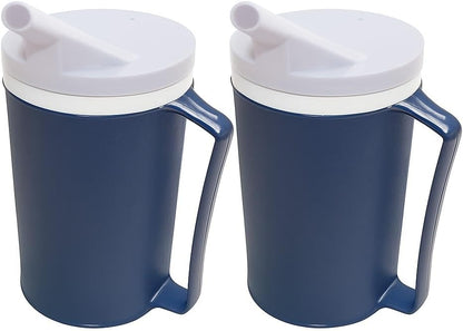 Rehabilitation Advantage Insulated Blue Mug 2-Pack – 12 oz Adaptive Mugs with Easy-Grip Handles, Spill-Resistant Snorkel Lids, Durable Lightweight Plastic for Hot/Cold Drinks & Limited Hand Strength