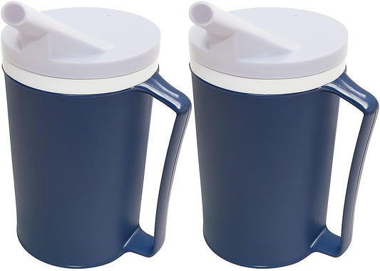 Rehabilitation Advantage Insulated Blue Mug 2-Pack – 12 oz Adaptive Mugs with Easy-Grip Handles, Spill-Resistant Snorkel Lids, Durable Lightweight Plastic for Hot/Cold Drinks & Limited Hand Strength