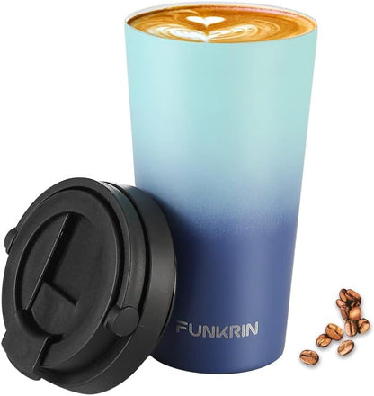 Funkrin Insulated Coffee Mug with Ceramic Coating, 16oz Iced Coffee Tumbler Cup with Flip Lid and Handle, Double Wall Vacuum Leak-Proof Travel Mug for Office School Party Camping