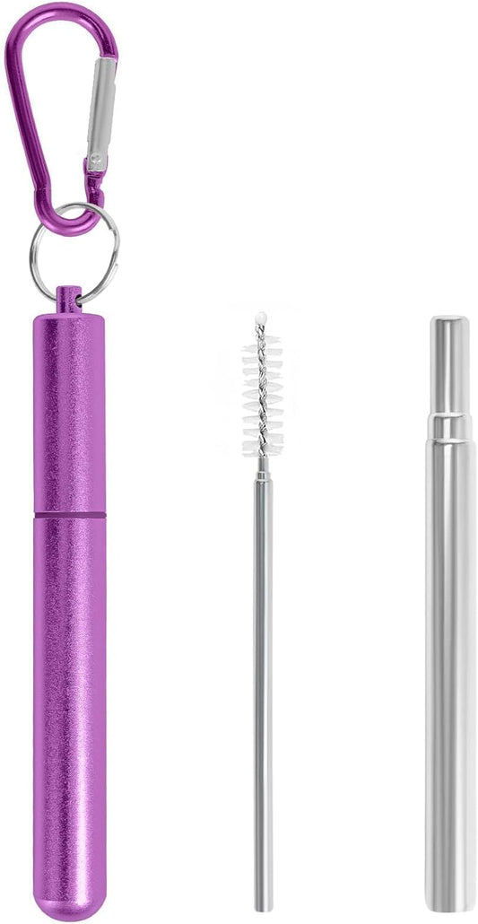 Collapsible Stainless Steel Drinking Straws with Aluminum Case, Cleaning Brush, and Keychains（Black+Silver）