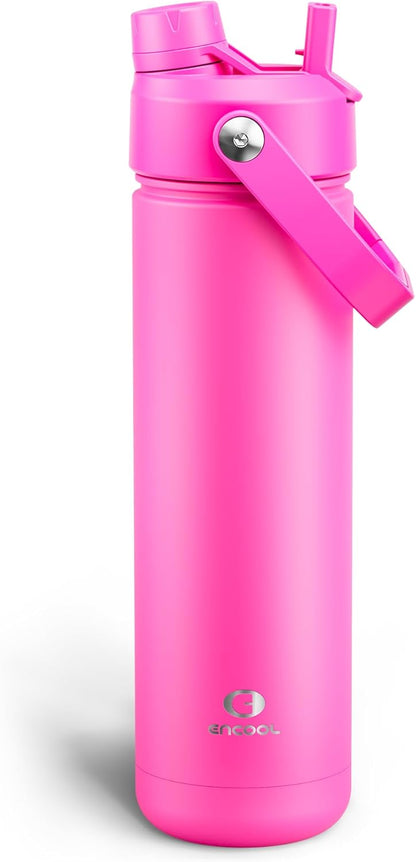 ENCOOL Insulated Water Bottle with Straw Stainless Steel Water Bottle, Leak-Proof, BPA-Free, Double Wall Vacuum Keeps Cold for 24 Hours for Sports, Travel, School (26 oz, Cotton Candy) - Colors A