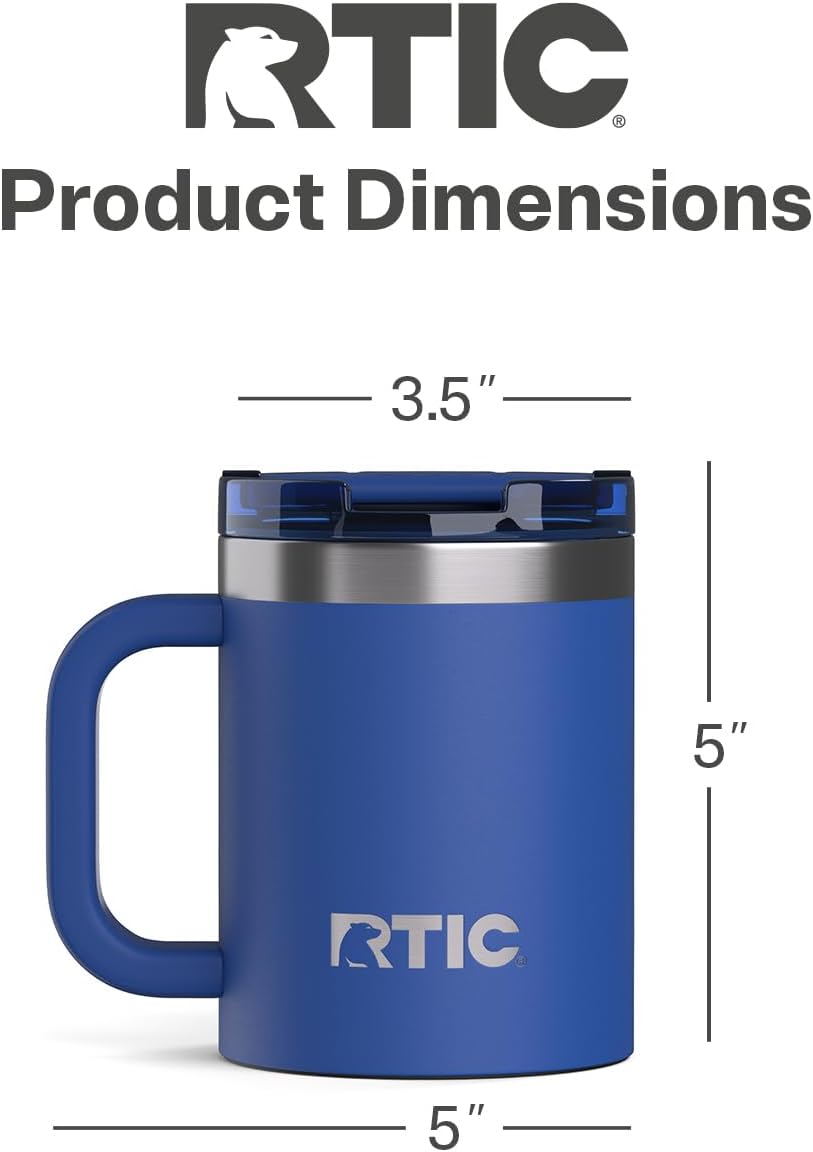 RTIC 12oz Essential Mug with Lid and Handle, Ceramic Lined, Insulated, Stainless Steel, Metal, Double Wall Vacuum-Insulation, Portable, Travel Cup for Hot and Cold Drink, Beach