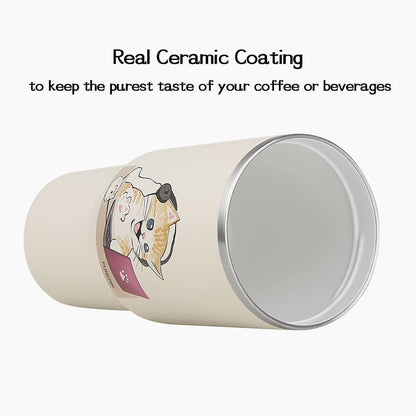 Funkrin Coffee Travel Mug with Straw & Flip Lid, 16oz Insulated Tumbler Cup with Ceramic Coating, Double Wall Vacuum Leak-Proof Mug for Office School Party Camping