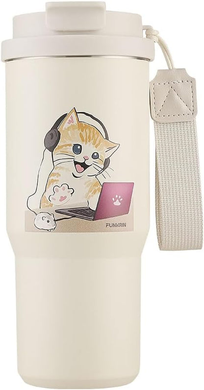Funkrin Coffee Travel Mug with Straw & Flip Lid, 16oz Insulated Tumbler Cup with Ceramic Coating, Double Wall Vacuum Leak-Proof Mug for Office School Party Camping