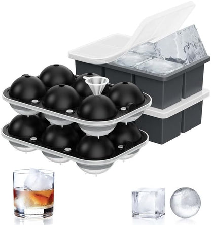 ROTTAY Ice Cube Trays (Set of 2), Sphere Ice Ball Maker with Lid & Large Square Ice Cube Maker for Whiskey, Cocktails and Homemade, Keep Drinks Chilled Black