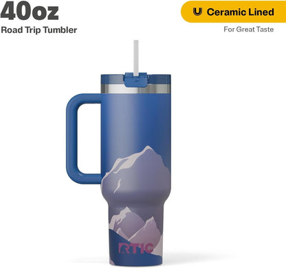 RTIC 30 oz Road Trip Tumbler Double-Walled Ceramic Lined InsulatedStainless Steel Portable Travel Coffee Mug Cup with Lid, Handle and Straw, Periwinkle Bouquet