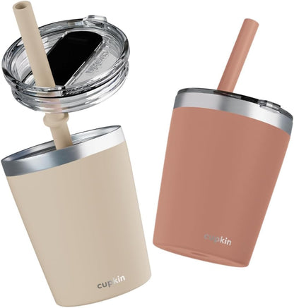 CUPKIN Stainless Steel Insulated Tumbler with Lid and Straw, 20 oz Stainless Steel Cups, Set of 2 Travel Coffee Mug for Adults, Iced Coffee Cup with Lid, Tumbler for Travel (Coral + Yellow)