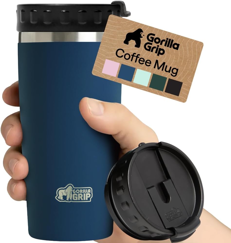 GORILLA GRIP 304 Stainless Steel Double Insulated Travel Coffee Mug, Leakproof Lid with Smooth Sip Top, Prevent Spills, Dent & Rust Resistant Reusable Tumbler Cup, Thermal Mugs for Drinks, 20oz, Black