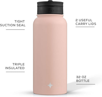 JoyJolt Triple Insulated Water Bottle with Straw Lid AND Flip Lid! 22oz Water Bottle, 12 Hour Hot/Cold Vacuum Insulated Stainless Steel Water Bottle. BPA-Free Leakproof Water Bottles - Thermos Bottle