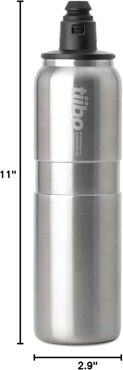 tiibo Vacuum Insulated Stainless Steel Bike Water Bottle, Double Wall, No-Squeeze, Fast Flow Sport Nozzle, Designed for Cycling, Biking, Fitness & Sports, Fits Most Bike Cages (Brushed, 23OZ)