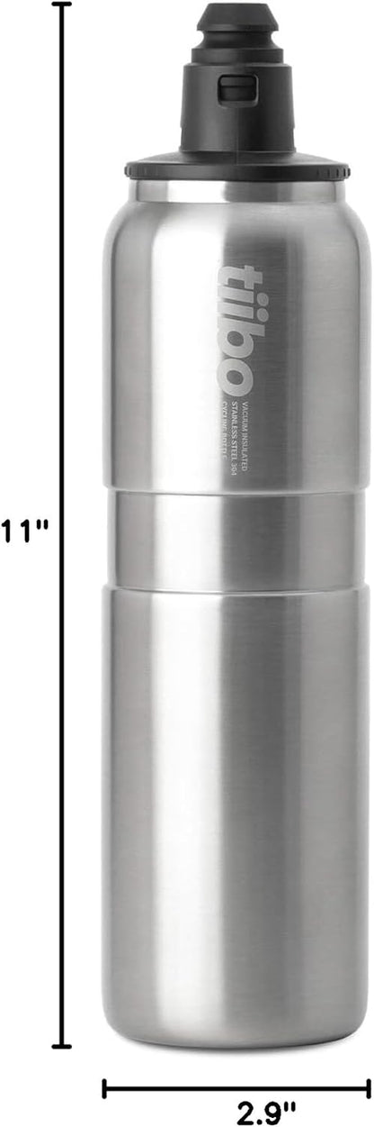 tiibo Vacuum Insulated Stainless Steel Bike Water Bottle, Double Wall, No-Squeeze, Fast Flow Sport Nozzle, Designed for Cycling, Biking, Fitness & Sports, Fits Most Bike Cages (Brushed, 23OZ)