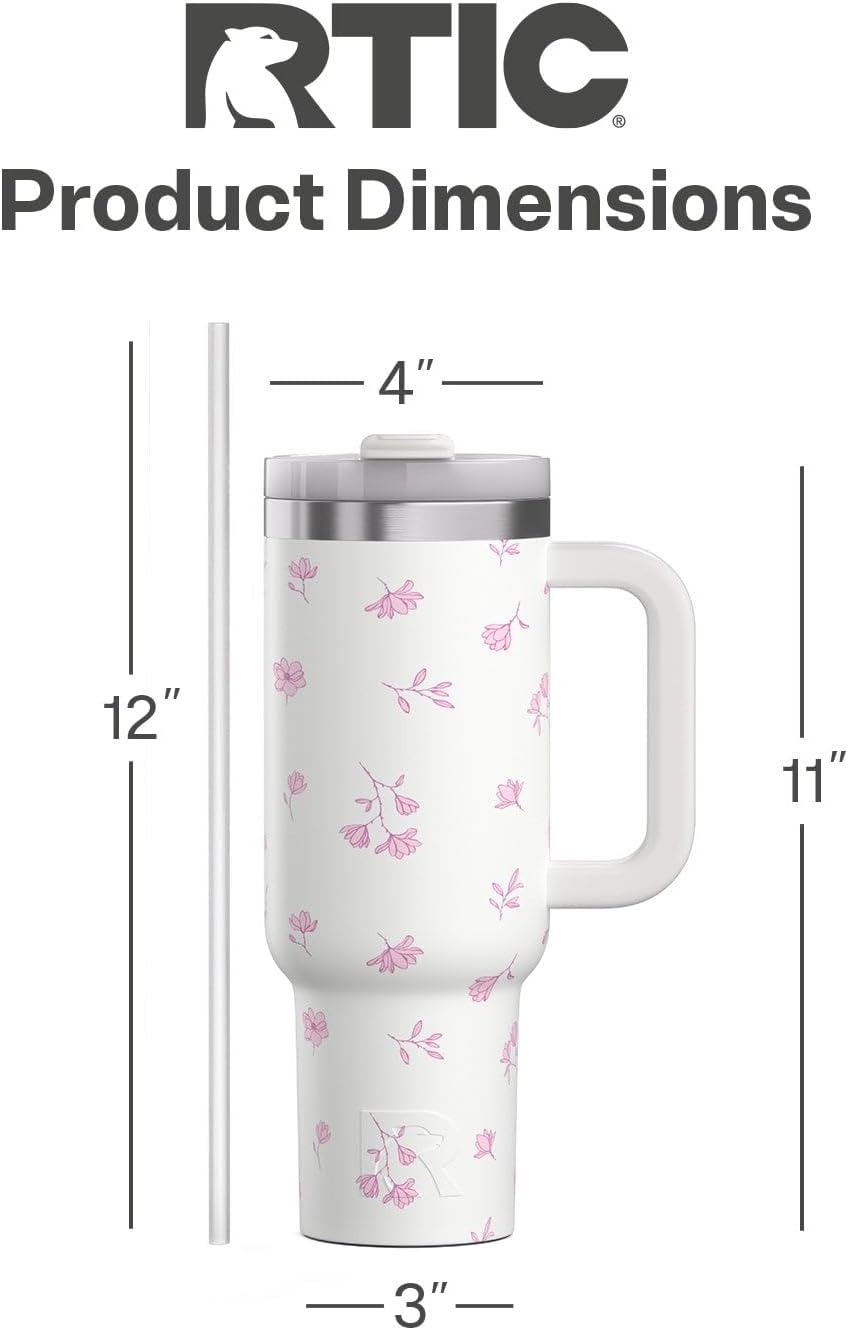 RTIC 30 oz Road Trip Tumbler Double-Walled Ceramic Lined InsulatedStainless Steel Portable Travel Coffee Mug Cup with Lid, Handle and Straw, Periwinkle Bouquet