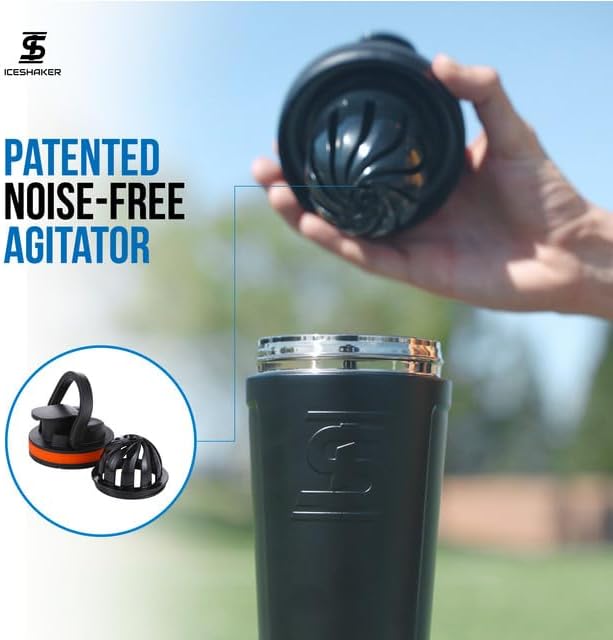 Ice Shaker Insulated Stainless Steel Shaker Bottle | 26oz, Black | Cold for 30+ Hours | Insulated Cup with Twist-on Agitator | Odor-Free Bottle for Protein Shakes, Water, Smoothies, Cocktails
