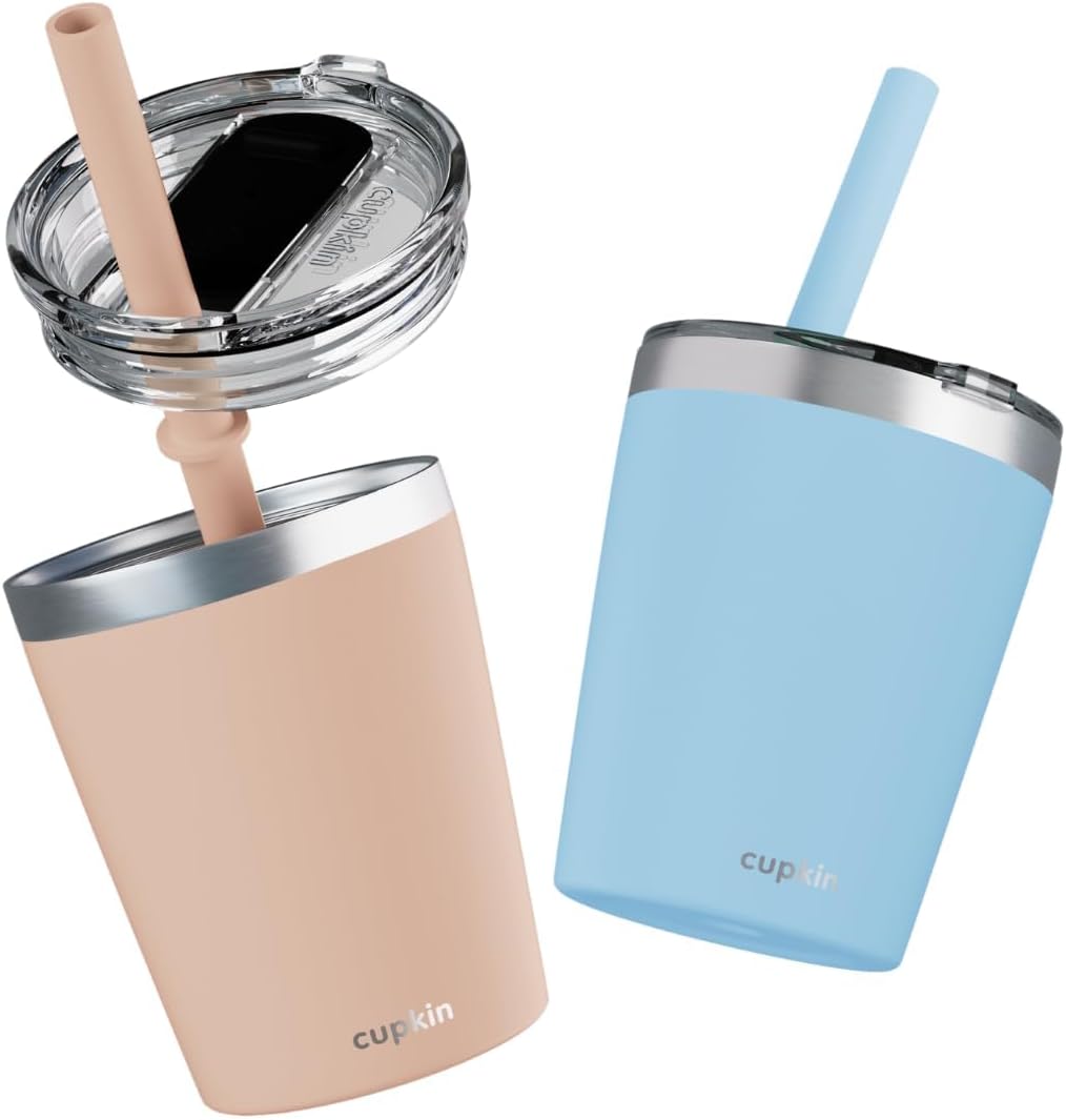 CUPKIN Stainless Steel Insulated Tumbler with Lid and Straw, 20 oz Stainless Steel Cups, Set of 2 Travel Coffee Mug for Adults, Iced Coffee Cup with Lid, Tumbler for Travel (Coral + Yellow)