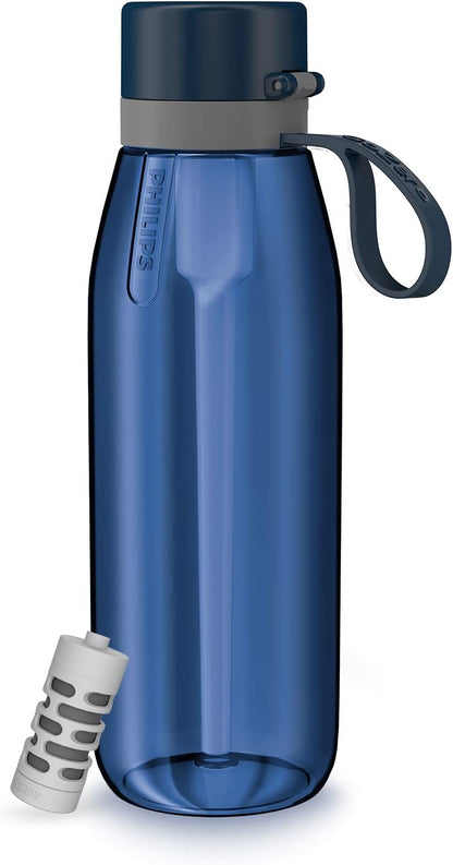 PHILIPS Filtered Water Bottle, BPA-Free Tritan Plastic Water Bottles, Replaces 450 Plastic Water Bottle with Reusable GoZero Everyday Water Filter, Portable Filtering Bottle for Travel, 22 oz, Green